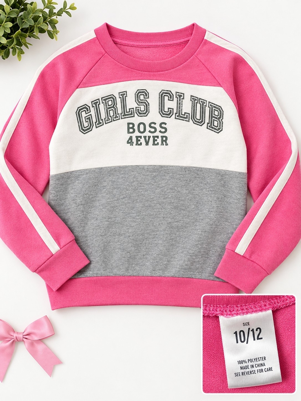 Girls Club 'BOSS 4EVER' Colorblock Crewneck Sweatshirt - Pink/White/Gray